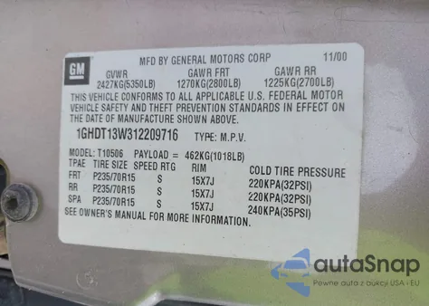 2001 Oldsmobile Bravada из США, поврежденный, VIN 1GHDT13W312209716